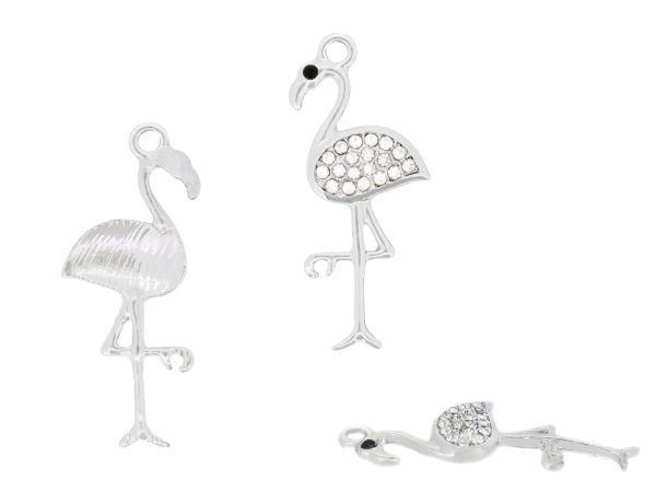 METAL - CHARMS PENDANT 1 HOLE UV COATING WITH CRYSTALS - FLAMINGO 01 - 14x36x2.5mm SILVER COLOR AND WHITE - 1pc. Hole-2.5mm