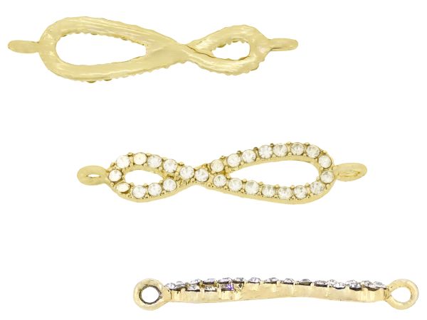 METAL - CHARMS CONNECTOR 2 HOLES UV COATING WITH CRYSTALS - INFINITY 03 - 35x8x2.5mm GOLD COLOR AND WHITE - PACKAGE 20pcs. Hole-2.0mm