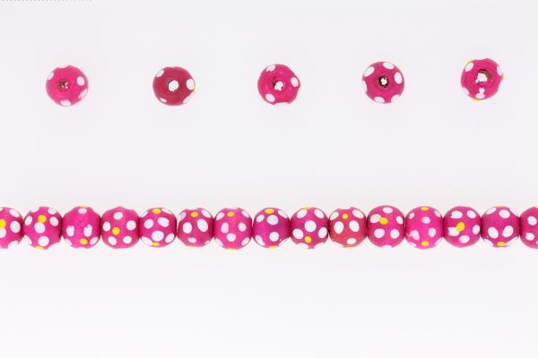 WOODEN BALL BEADS - WITH FLOWER SHAPE PAINTED - 9x10mm CYCLAMEN - 25g (68pcs.) Hole-3.5mm