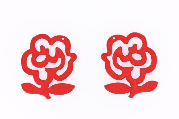 WOODEN FIGURES - LACELIKE - ROSE 02 LEAVES - 42x49x2.5mm RED - 10pcs. Hole-1.8mm
