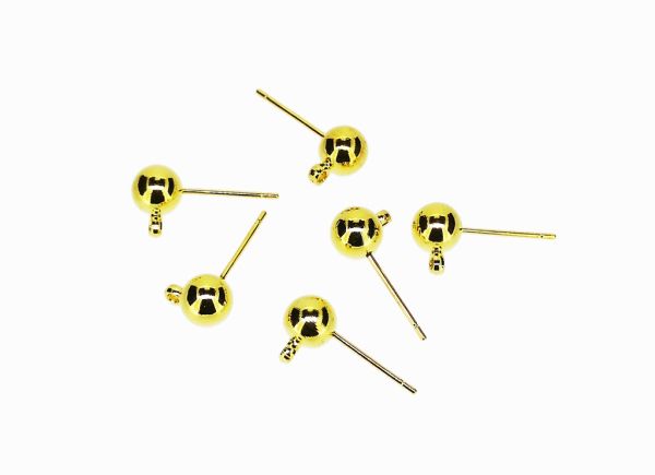 METAL ELEMENTS - EARRING FINDINGS - HANGING - ROUND POST STUD - BRASS - 6mm GOLD COLOR - NICKEL FREE - 2pcs. Hole-1.5mm