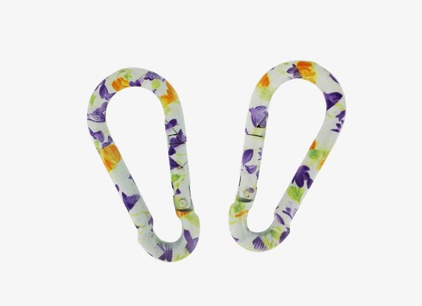 METAL ELEMENTS - CARABINER SPRING SNAP HOOK KEYCHAIN - 80x39x8 MM WHITE WITH PURPLE FLOWERS - PACKAGE 10pcs.