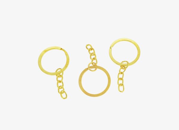 METAL KEYCHAIN FINDINGS - SPLIT KEY RINGS FLAT WITH CHAIN - 30x2 MM GOLD COLOR - NICKEL FREE - 10pcs.