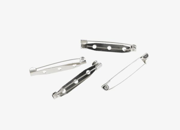 METAL ELEMENTS - BROOCH CLIP BASE SAFETY PINS - 35x5.5x6mm NICKEL COLOR - 20pcs. Hole:2.4mm